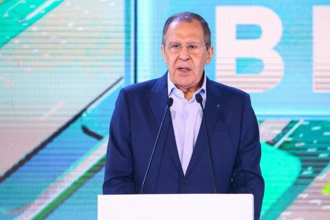 Russian Foreign Minister Sergey Lavrov delivers a speech at a Russian society Znanie (Knowledge) event in Moscow, Russia, on May 17.