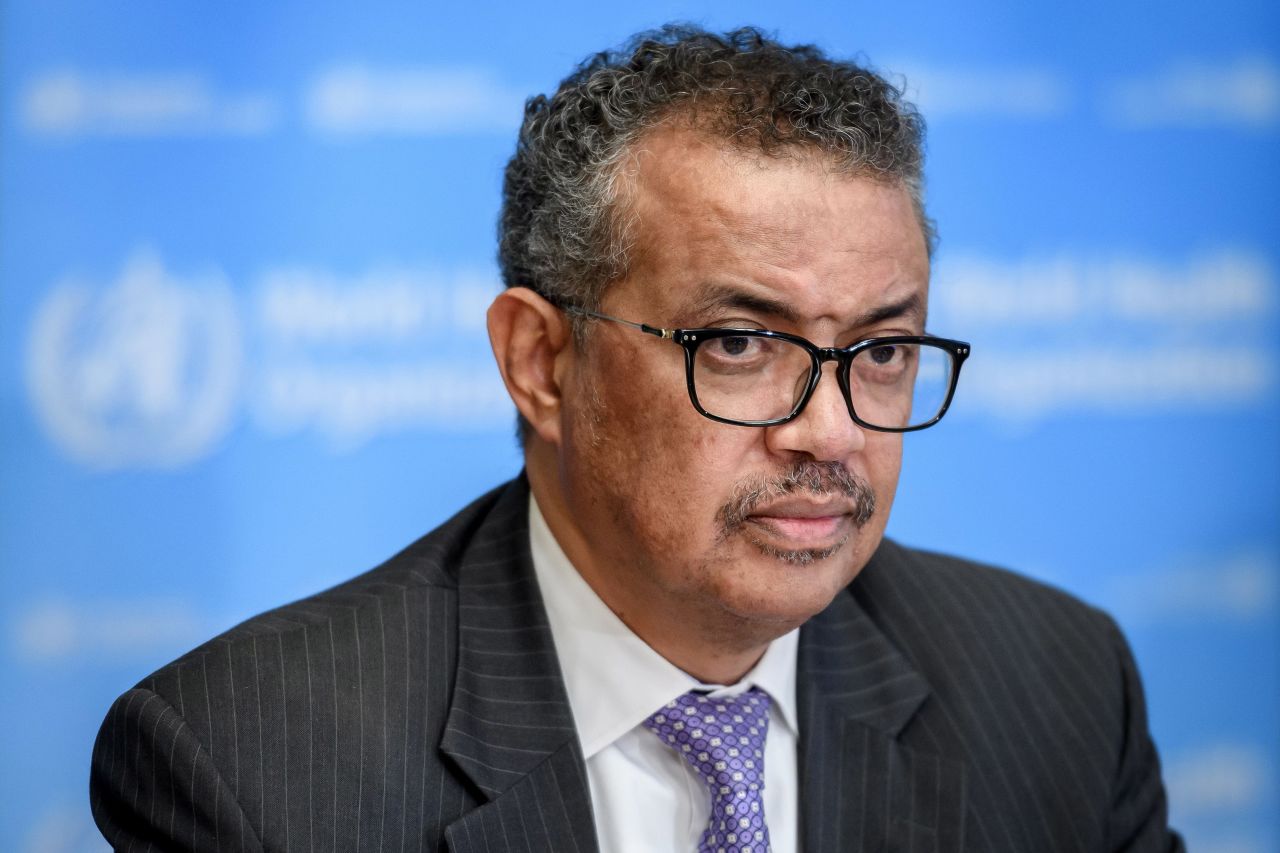 WHO Director-General Tedros Adhanom Ghebreyesus attends a press briefing on the Covid-19 pandemic at the WHO headquarters in Geneva, Switzerland, on March 9.
