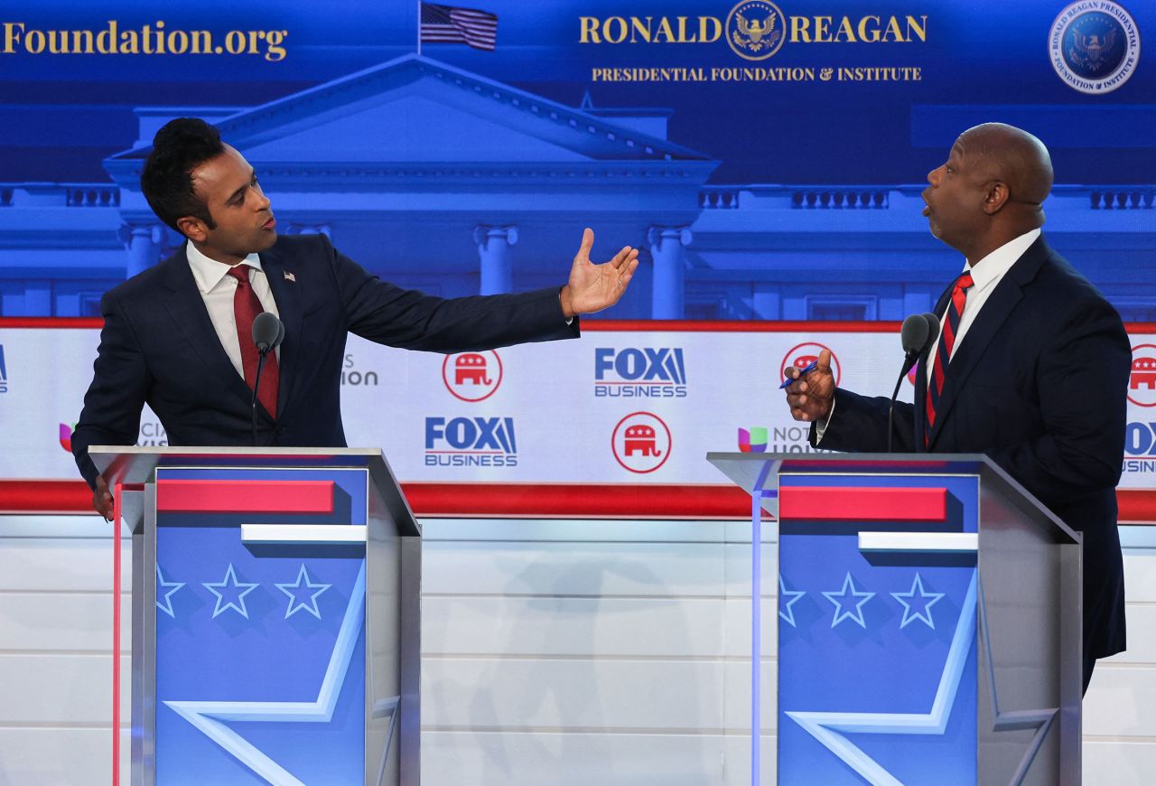 Former biotech executive Vivek Ramaswamy debates with US Sen. Tim Scott at the Ronald Reagan Presidential Library in Simi Valley, California, on September 27, 2023.