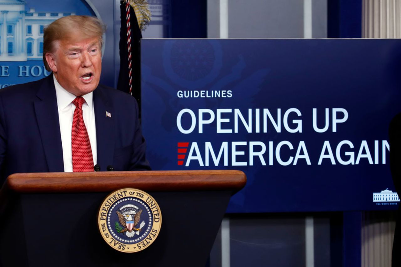 President Donald Trump speaks about the coronavirus in the James Brady Press Briefing Room of the White House on Thursday, April 16, in Washington.