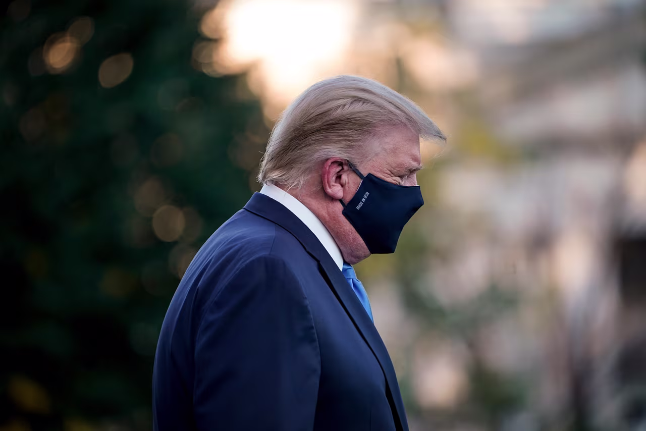 President Donald Trump leaves the White House for Walter Reed National Military Medical Center on the South Lawn of the White House on October 2, in Washington, DC. 
