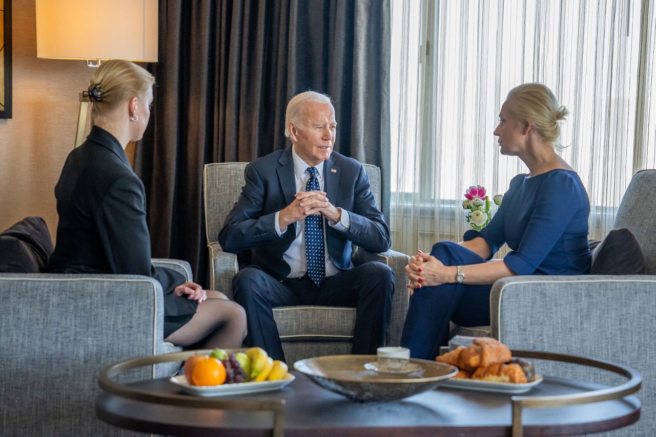 In a photo released by The White House on Thursday, President Joe Biden is seen meeting with Aleksey Navalny’s wife and daughter, Yulia and Dasha Navalnaya, in San Francisco California.