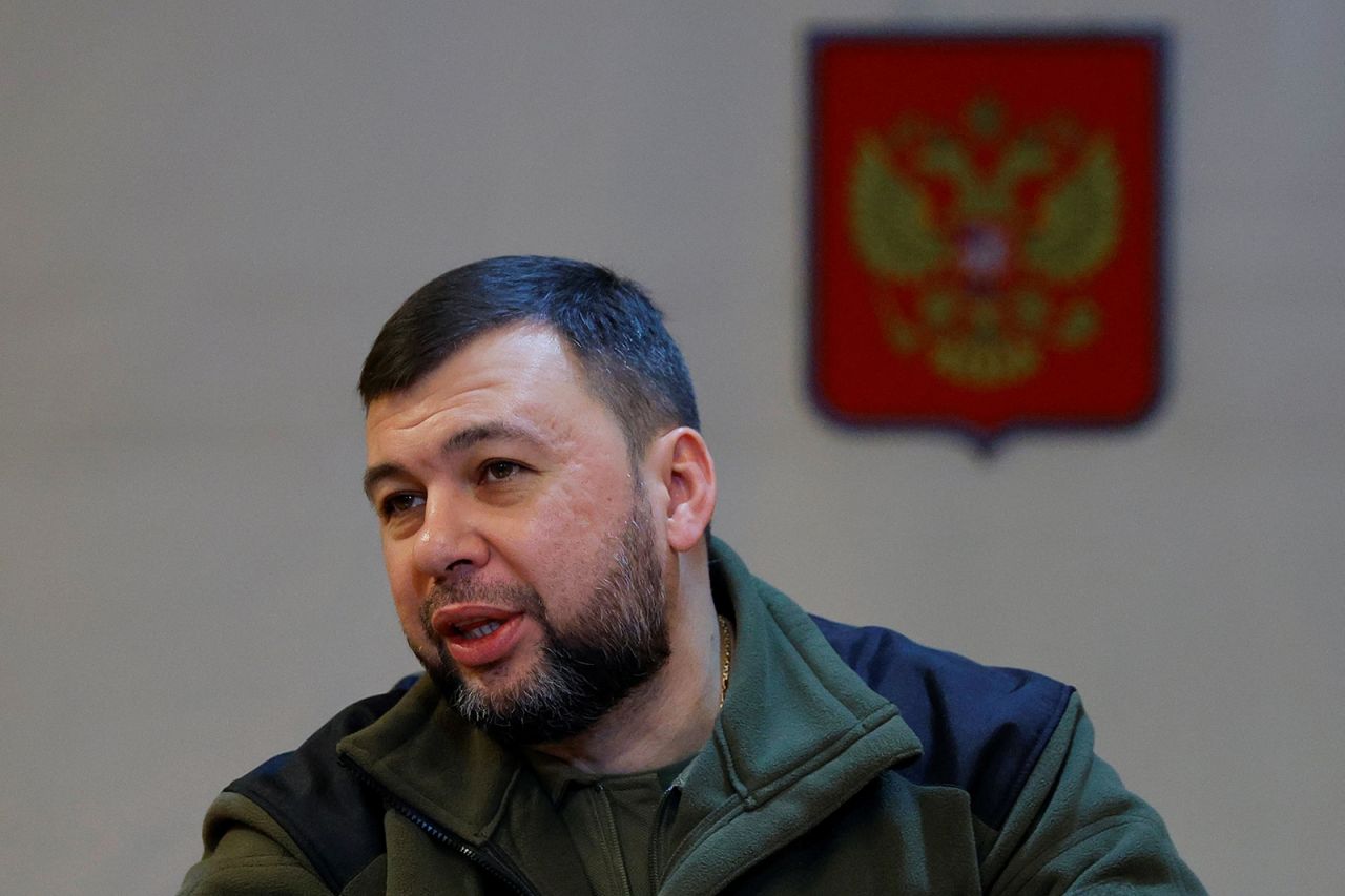 Denis?Pushilin attends a meeting in Amvrosiivka, Donetsk region, on November 6, 2022.