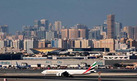 An Emirates Airlines plane at Dubai International Airport on February 1, 2021. 
