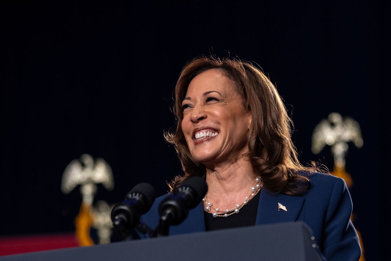 Vice President Kamala Harris speaks to supporters during a campaign rally at West Allis Central High School on July 23, in West Allis, Wisconsin. 