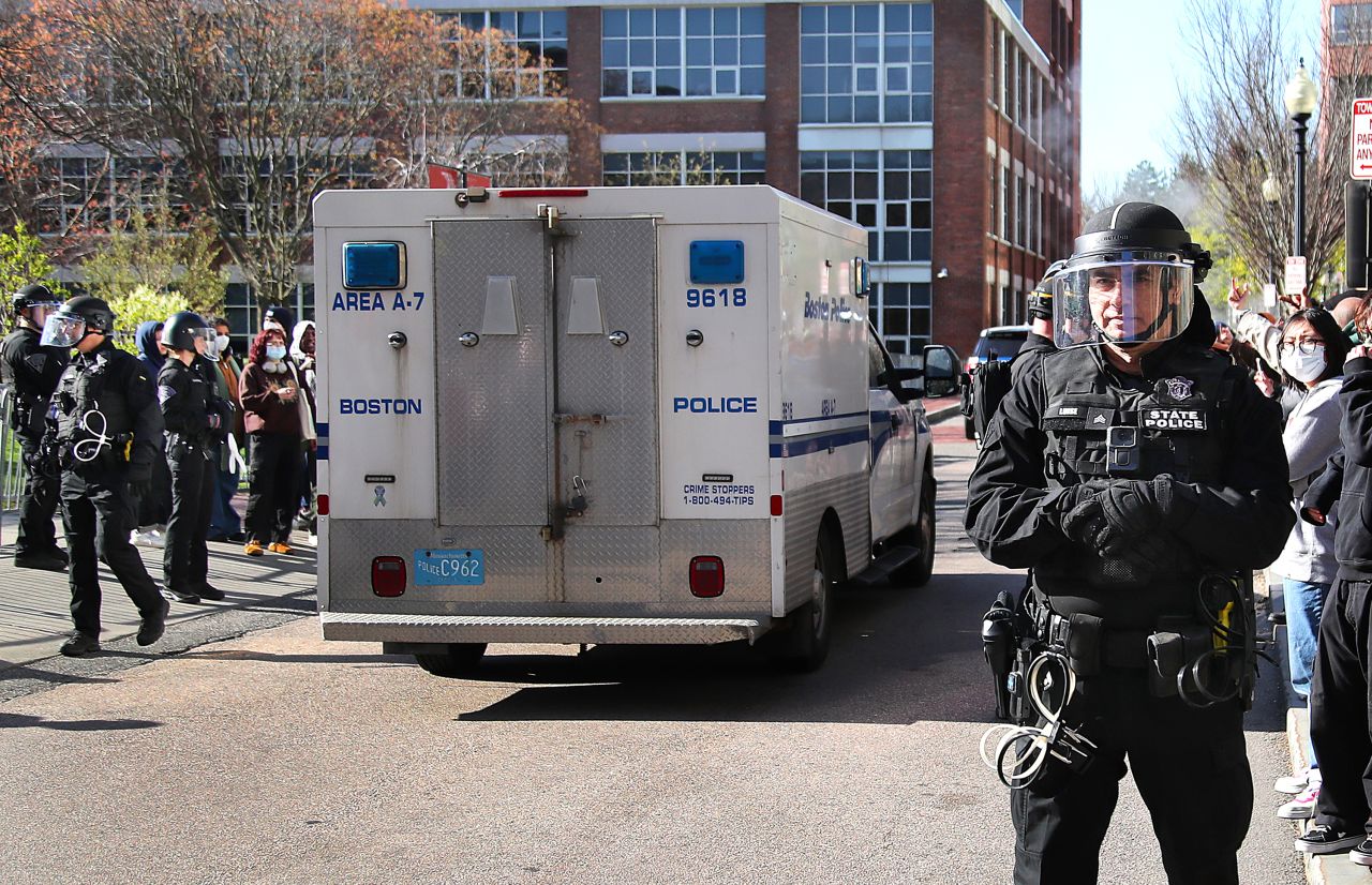 Student protestors at Northeastern University are taken away in a Boston Police vehicle in Boston, Massachusetts, on April 27.