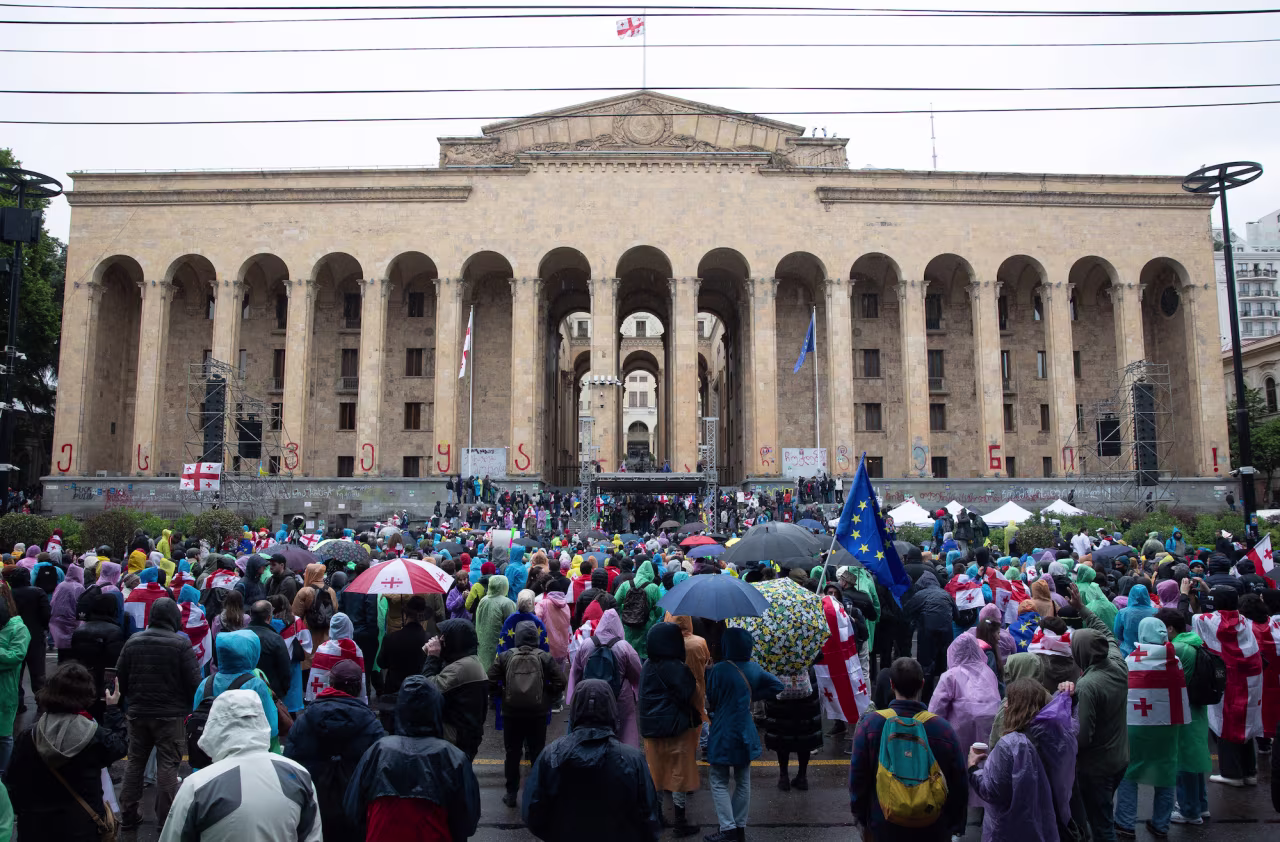 Protesters during an opposition rally against the foreign agent bill outside the Georgian parliament in Tbilisi, Georgia, on Tuesday.