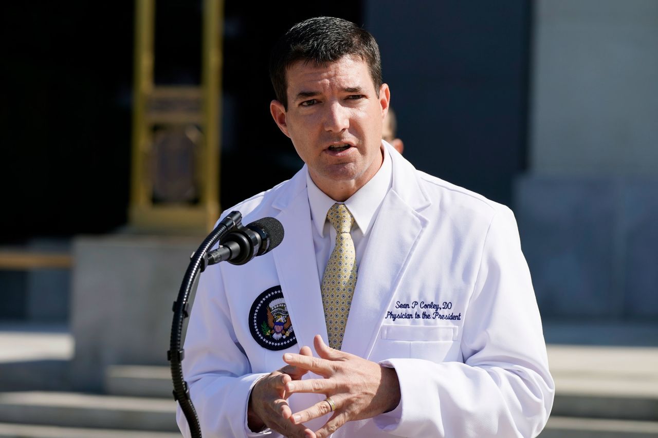 White House physician Sean Conley briefs reporters at Walter Reed National Military Medical Center in Bethesda, Maryland, on October 4.