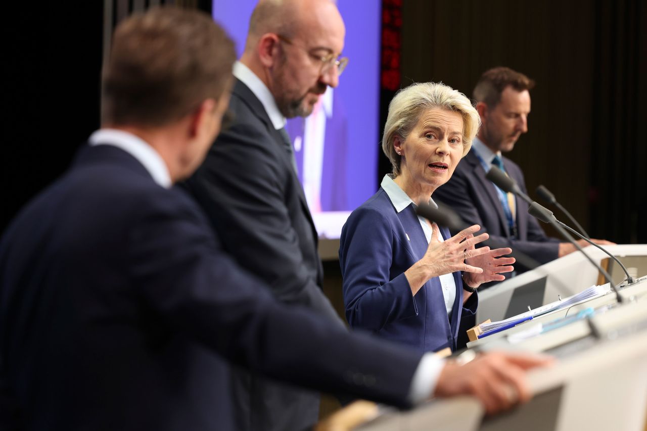 European Commission President Ursula von der Leyen, center, speaks at a news conference alongside Swedish Prime Minister Ulf Kristersson and European Council President Charles Michel at an EU summit in Brussels on June 30. 