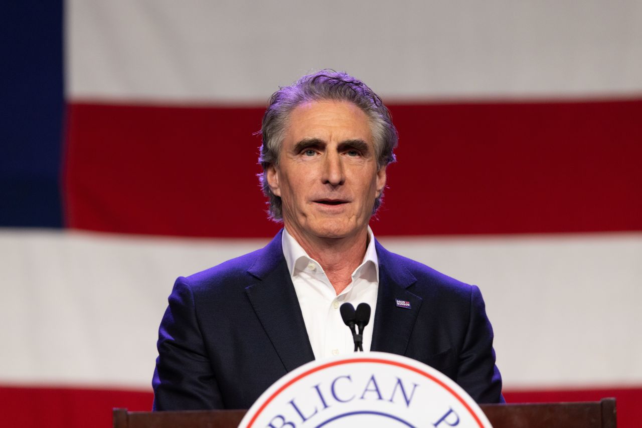 North Dakota Gov. Doug Burgum speaks at an event in Des Moines, Iowa, on July 28.