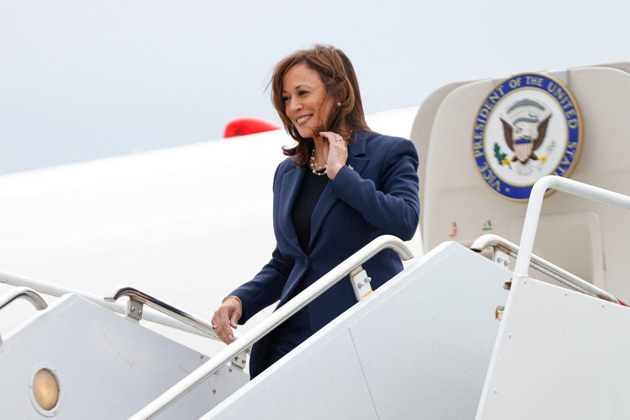 Vice President Kamala Harris descends from Air Force Two at Milwaukee Mitchell International Airport on Tuesday.