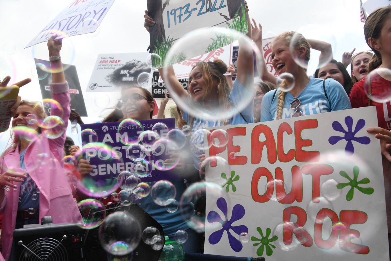 Anti-abortion campaigners celebrate outside the Supreme Court.