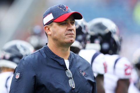 Head coach Bill O'Brien of the Houston Texans looks on before the game against the New England Patriots at Gillette Stadium in Foxborough, Massachusetts, on September 9, 2018. 