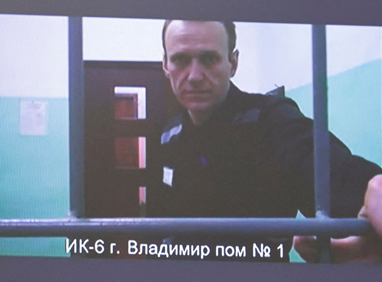 Russian opposition politician Alexey Navalny appears on a screen via video link from the IK-6 penal colony during a court hearing to consider an appeal against his sentence on September 26, 2023. 