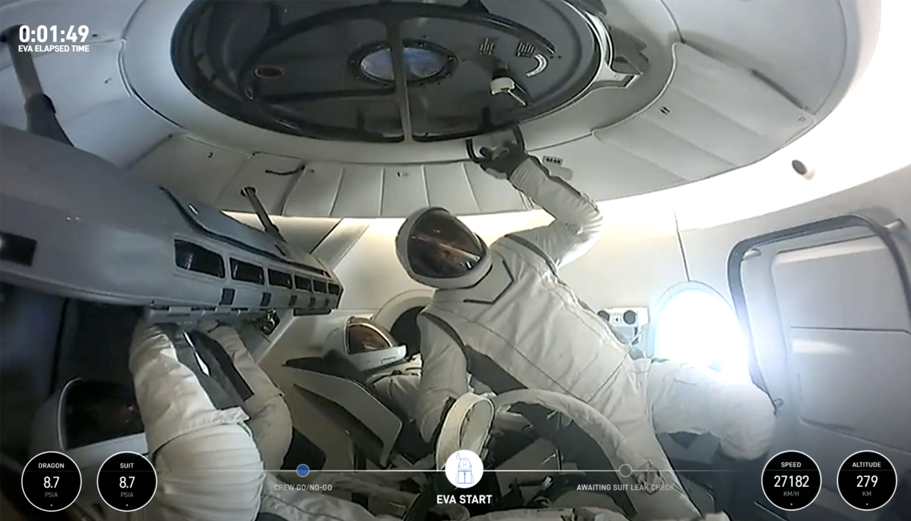 The crew are undergoing a "suit purge" as the spacewalk begins on September 12.