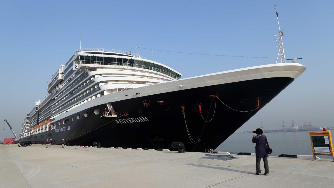 The Westerdam cruise ship is seen moored at Incheon, South Korea, in February 2019