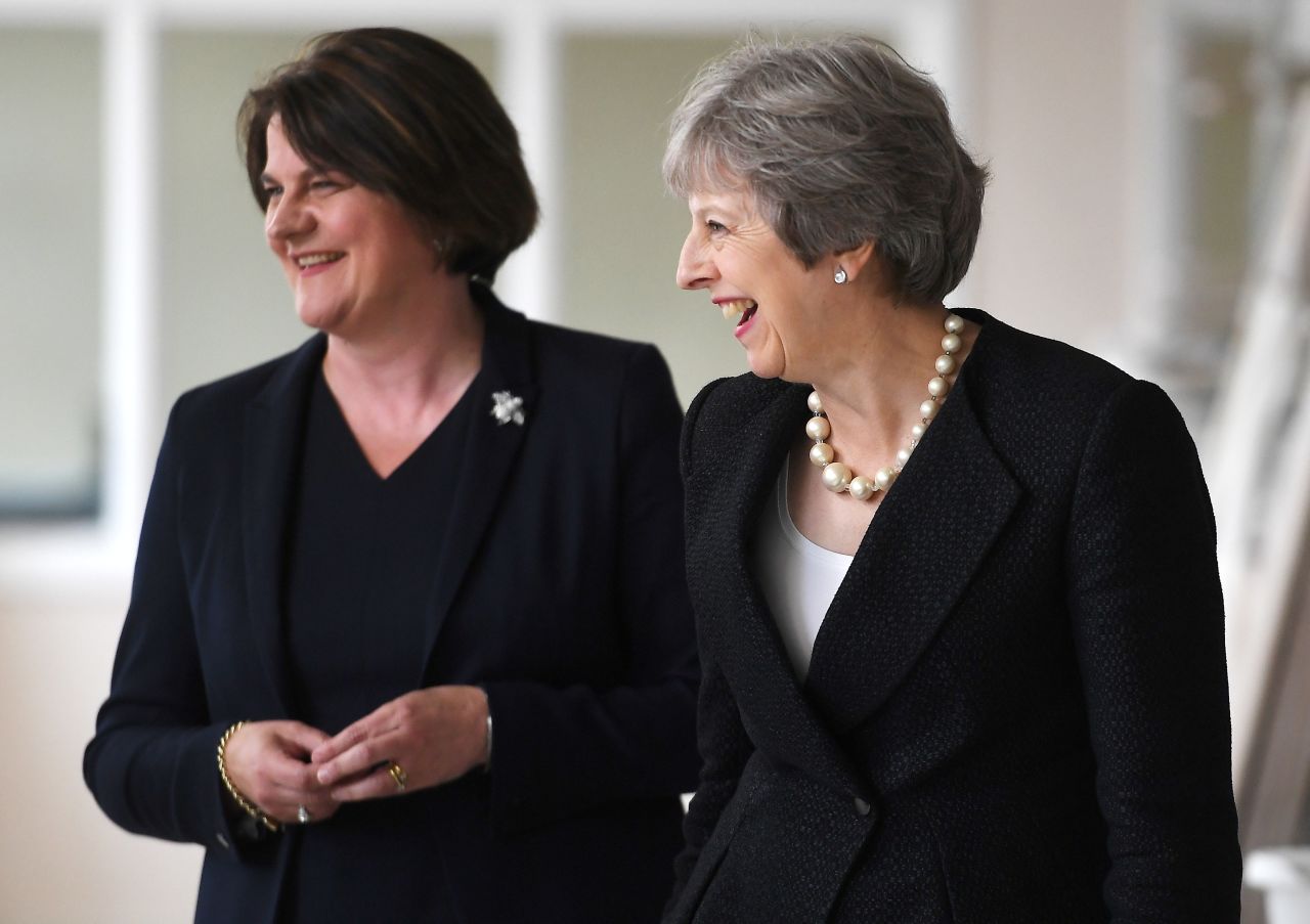 Britain's Prime Minister Theresa May and Arlene Foster, leader of the Democratic Unionist Party visit Belleek Pottery, in Belleek, Northern Ireland on July 19, 2018.