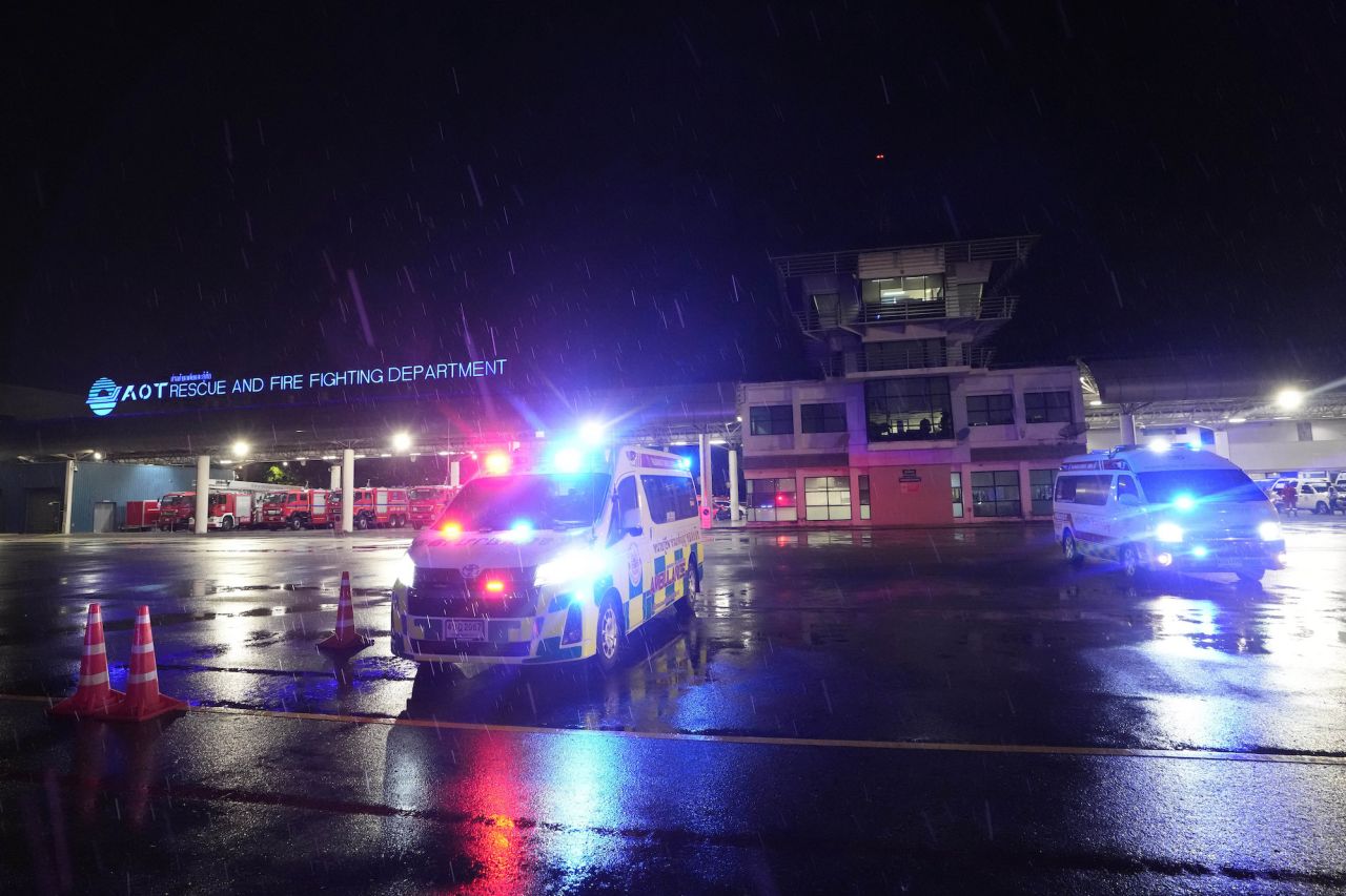 Ambulances are seen at the airport where a London-Singapore flight was diverted to in Bangkok, Thailand, on Tuesday.