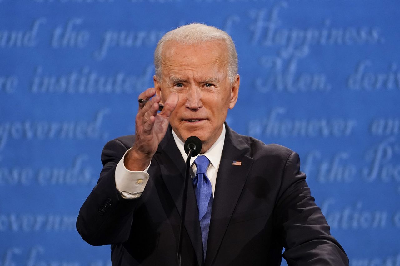 Democratic presidential candidate Joe Biden gestures while speaking during the second and final presidential debate on Thursday in Nashville. 