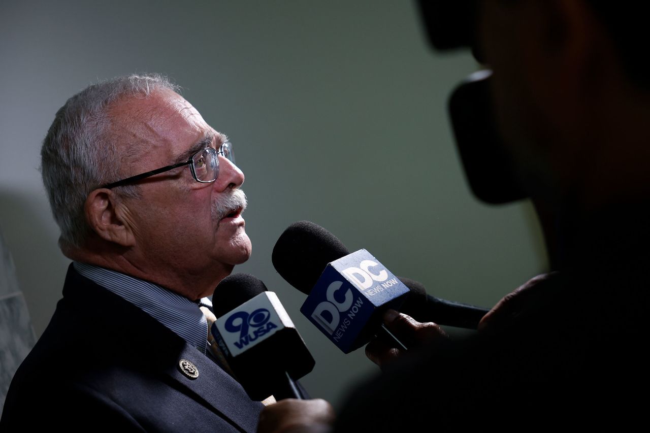 Rep. Gerry Connolly speaks to reporters outside of a House Oversight Committee hearing on May 16, 2023 in Washington, DC. 