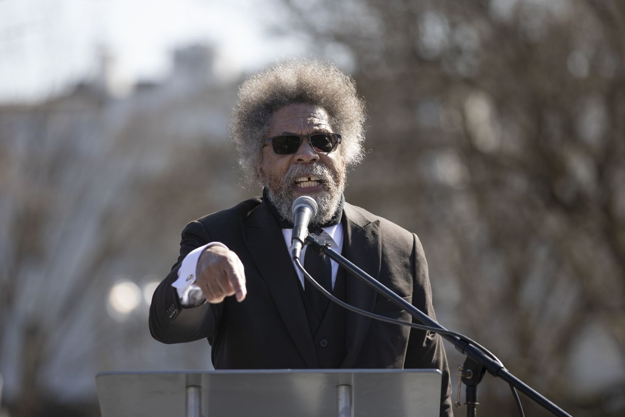 Cornel West speaks during a rally in Washington, DC, on February 21.