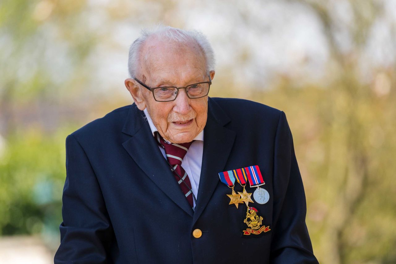 British veteran Captain Tom Moore looks on after completing the 100th length of his back garden in Bedfordshire, England, on April 16.