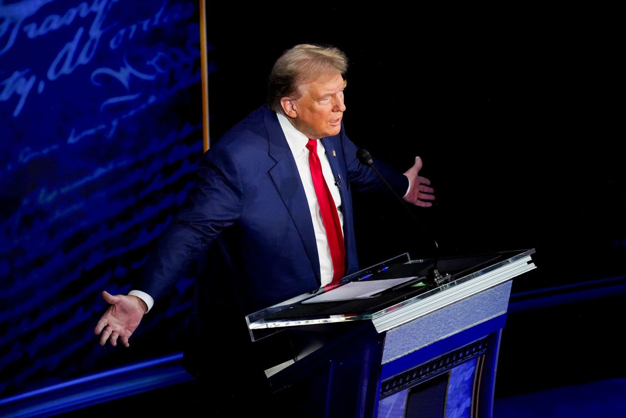 Former  President Donald Trump gestures during the debate Philadelphia on Tuesday, September 10.