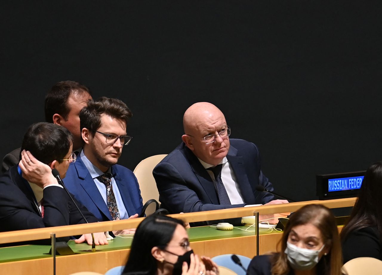 Russian ambassador to the United Nations Vasily Nebenzya (R) attends the UN general assembly meeting in New York City on October 10. It is hours after Russia launched a deadly barrage of missile strikes at cities across Ukraine.