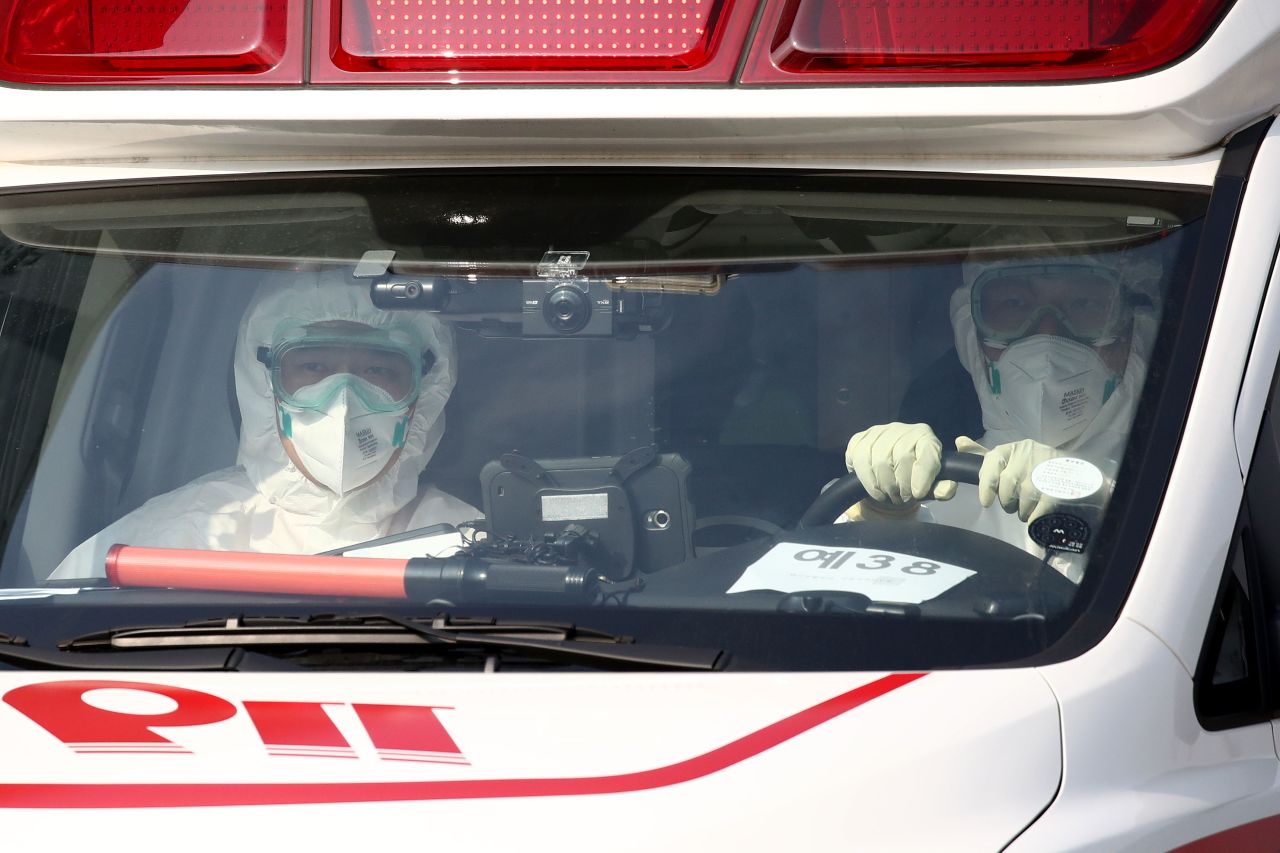 An ambulance in Seoul carrying a South Korean citizen evacuated from Wuhan, China, on January 31.