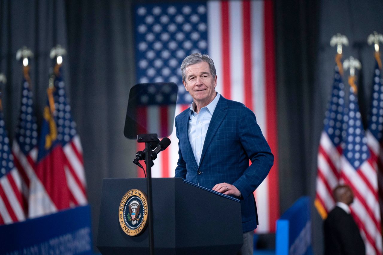 North Carolina Gov. Roy Cooper speaks at a post-debate campaign rally on June 28, in Raleigh, North Carolina.