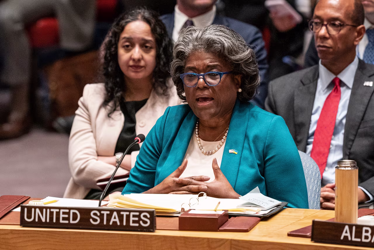 Linda Thomas-Greenfield speaks during the Security Council meeting on Maintenance of international peace and security at UN Headquarters in New York on April 24.
