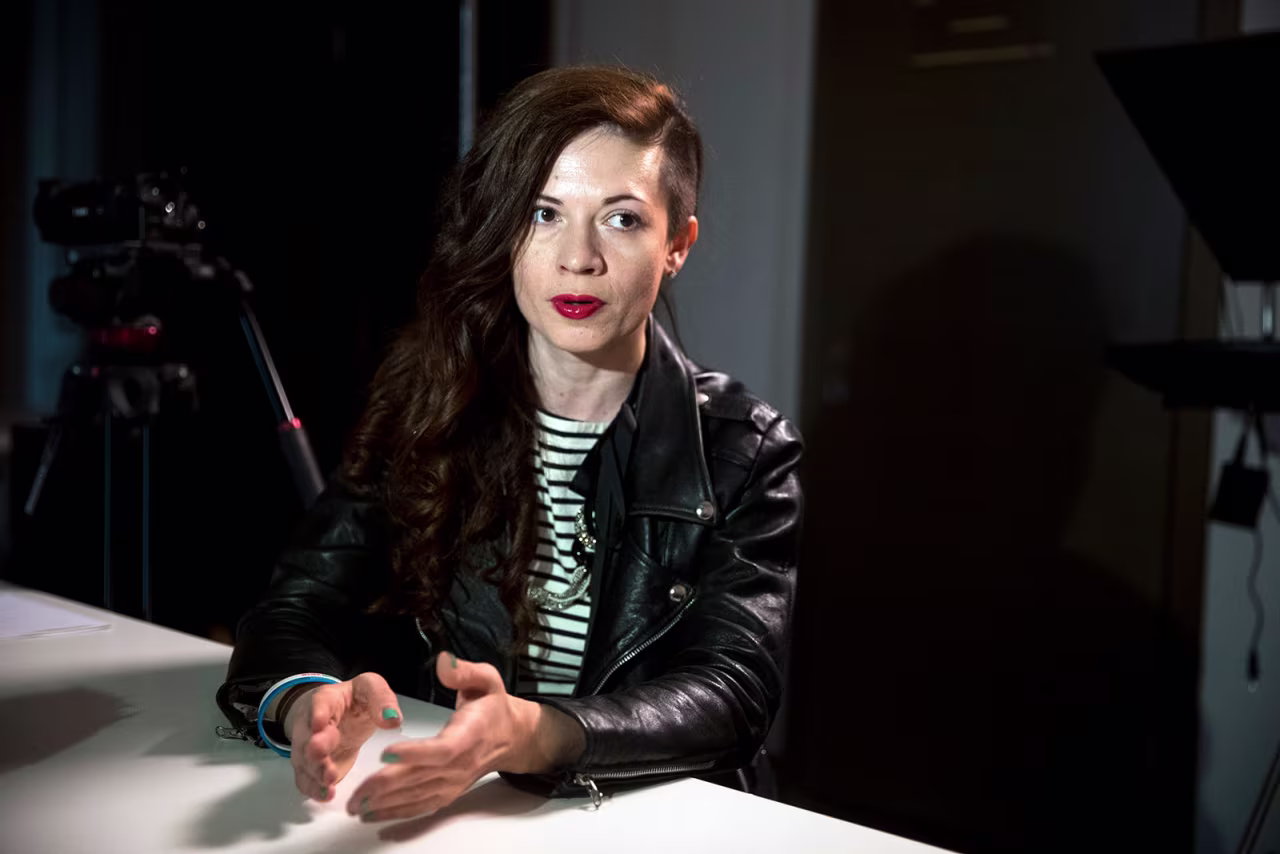 Oksana Baulina speaks after a live broadcast in Moscow in 2017. 
