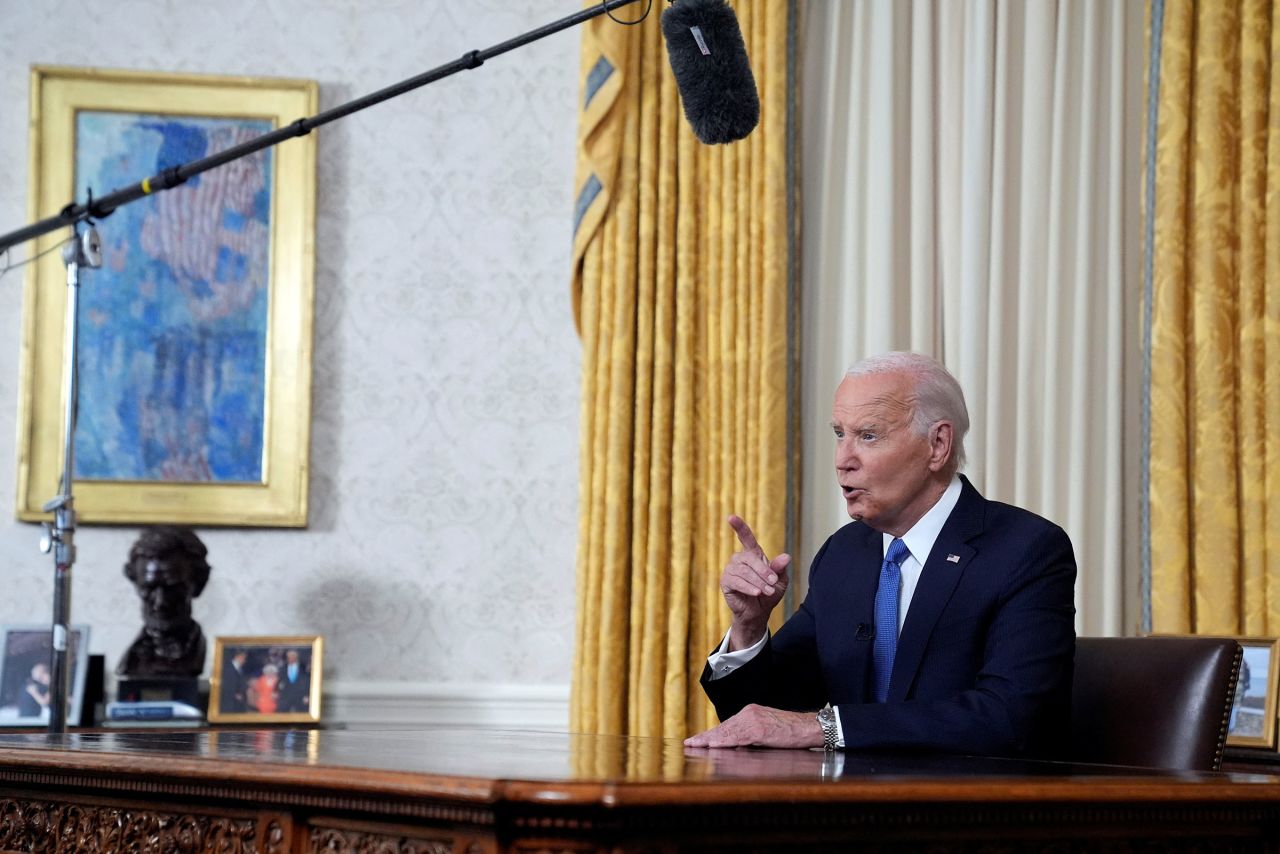 President Joe Biden addresses the nation from the Oval Office of the White House in Washington, DC, on Wednesday, July 24, about his decision to drop his Democratic presidential reelection bid.