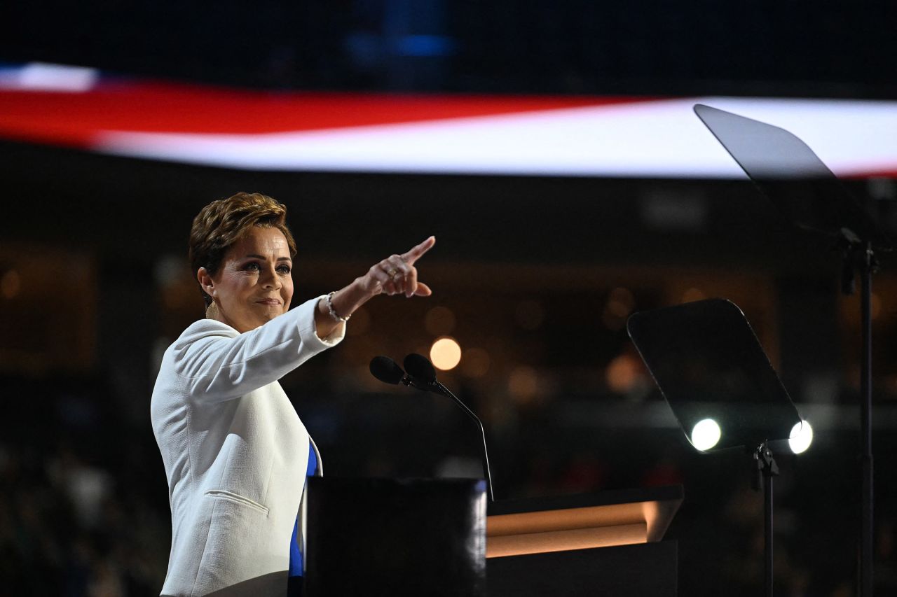 Kari Lake gestures during the second day of the 2024 Republican National Convention at the Fiserv Forum in Milwaukee, Wisconsin, on July 16