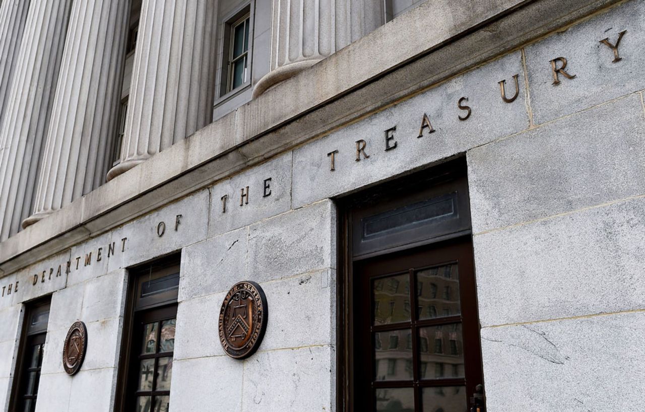 An exterior view of the building of US Department of the Treasury is seen on March 27 in Washington, DC.