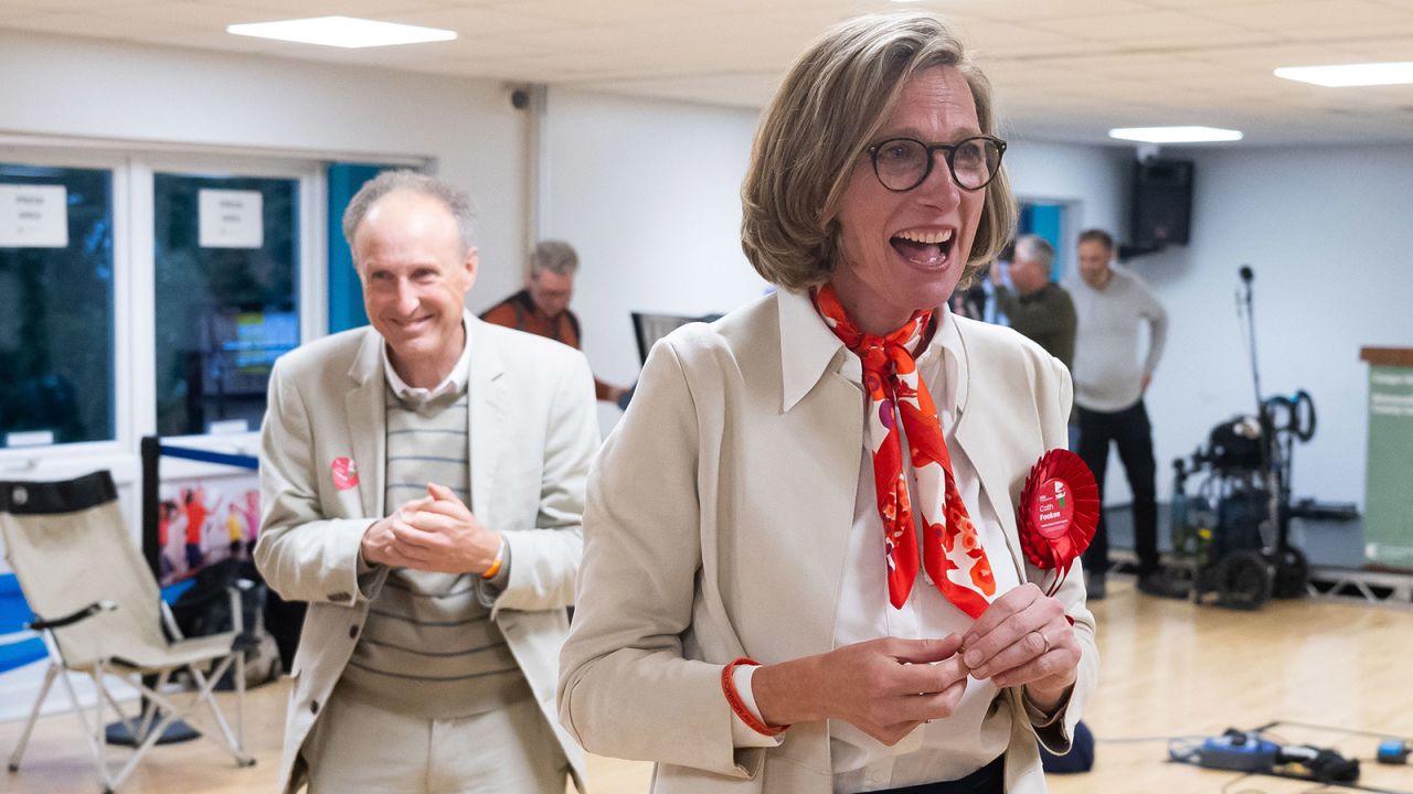 Labour candidate Catherine Fookes reacts after winning the Monmouth constituency at Chepstow Leisure Centre in Chepstow, Wales on July 5, 2024. Fookes defeated longtime incumbent conservative MP David TC Davies. 