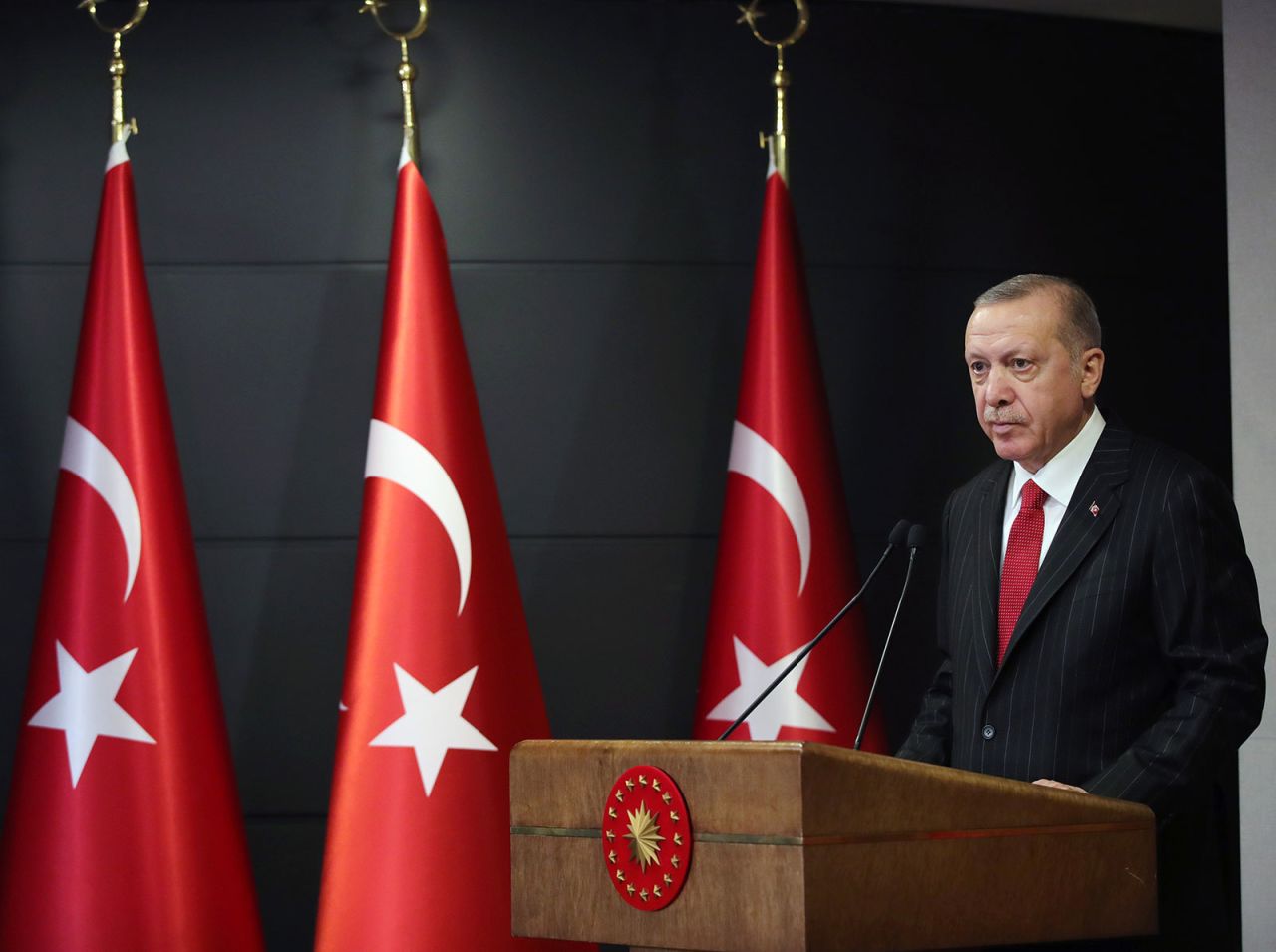 Turkish President Recep Tayyip Erdogan speaks during a press conference on April 6 in Istanbul, Turkey.