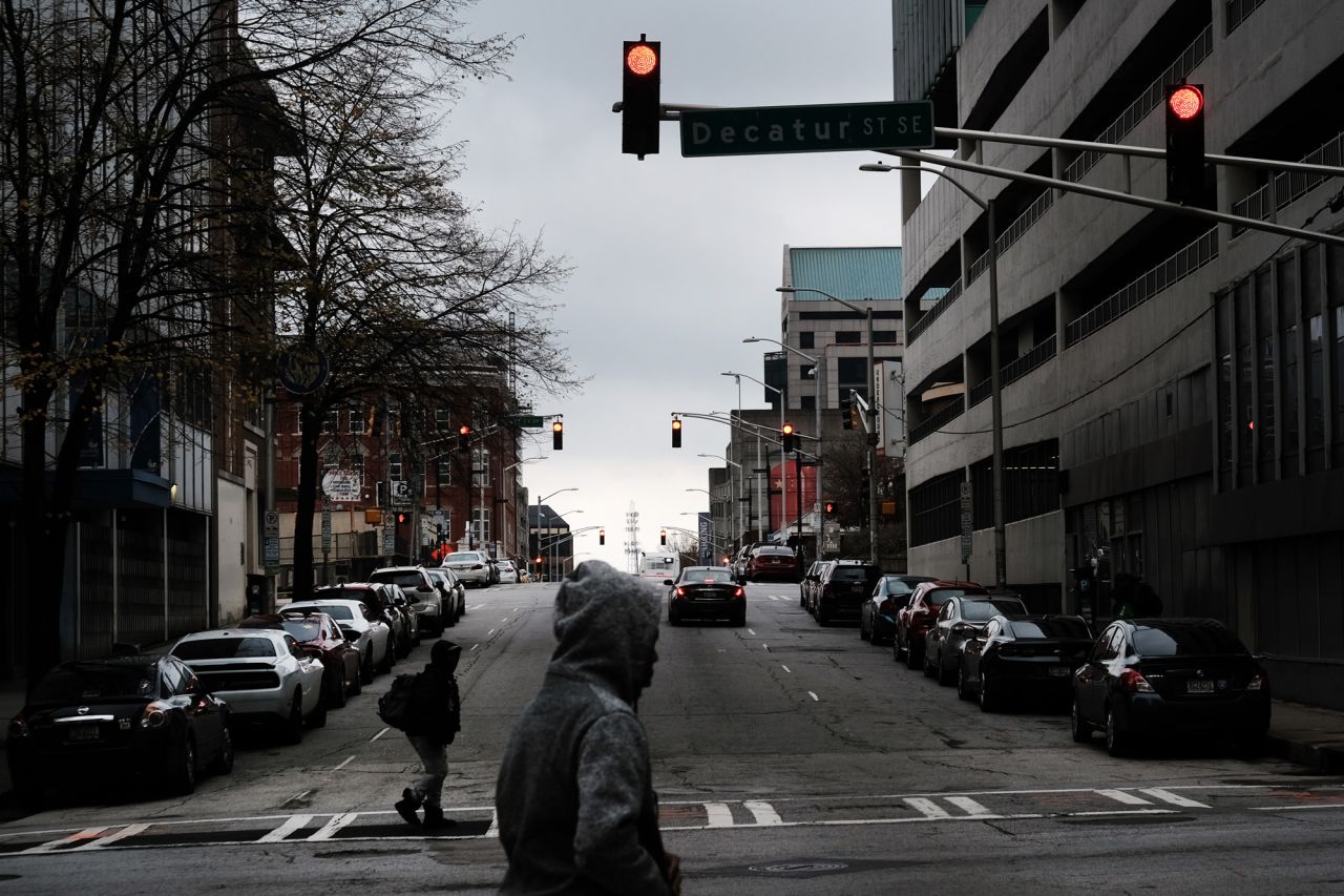 Few people walk through the streets of downtown Atlanta on December 7, 2020.