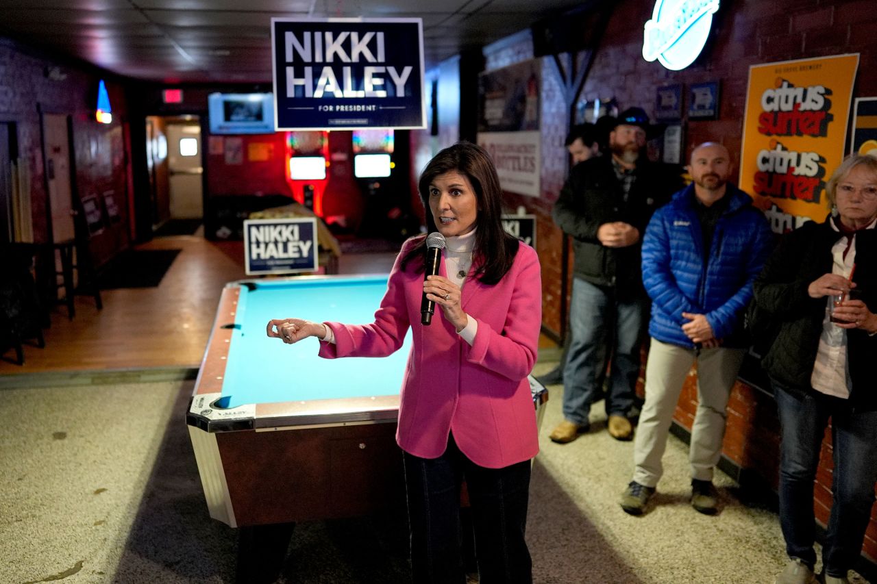 Nikki Haley speaks during a campaign event at PB's Pub in Newton, Iowa, on Monday.