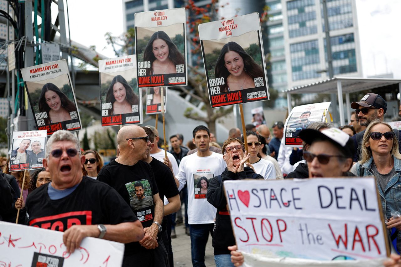 Demonstrators take part in a protest calling for the release of hostages kidnapped in the October 7 attack on Israel by Hamas in Tel Aviv, Israel, on March 15.