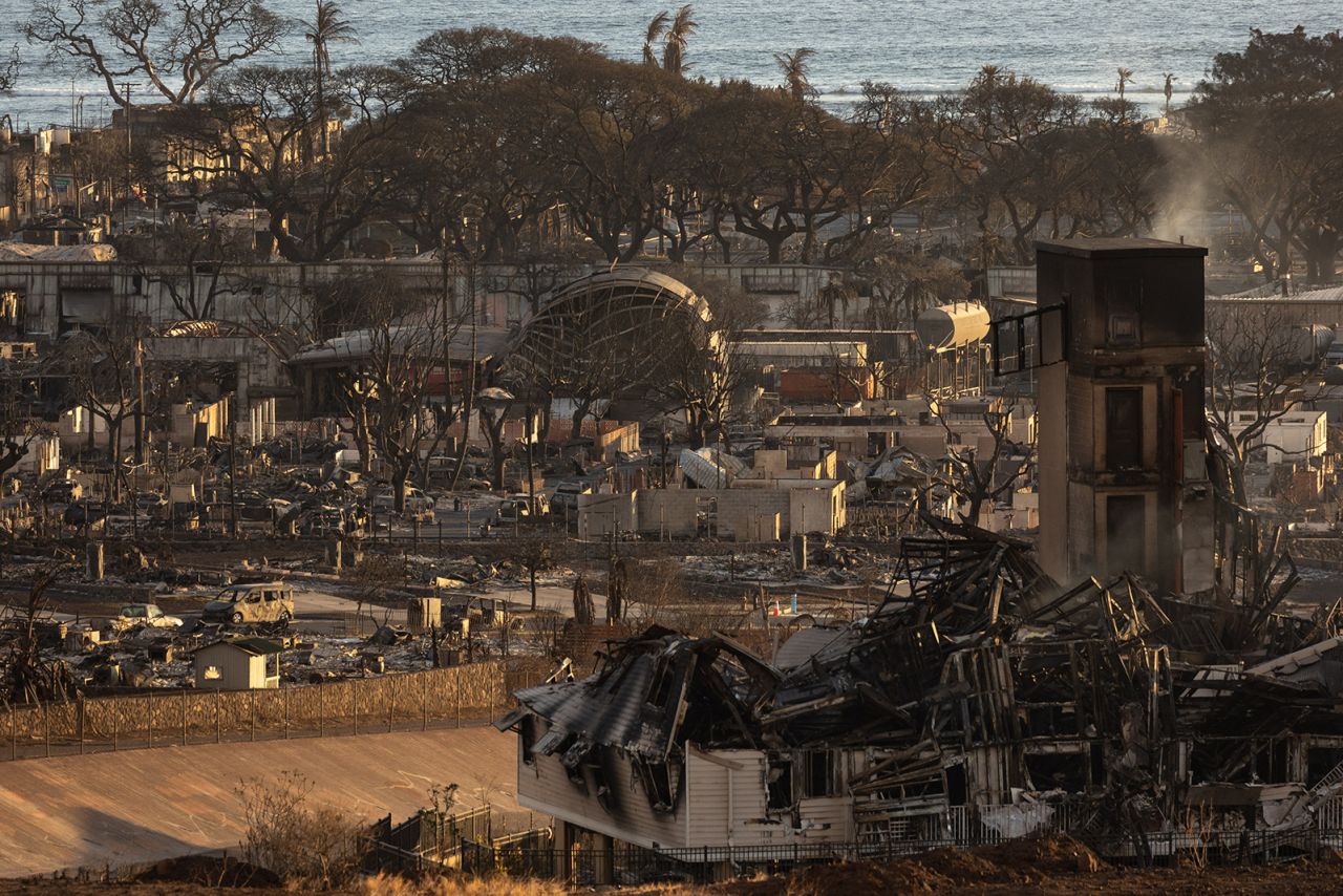 Burned houses and buildings are pictured in the aftermath of a wildfire, in Lahaina, western Maui, Hawaii on August 12.