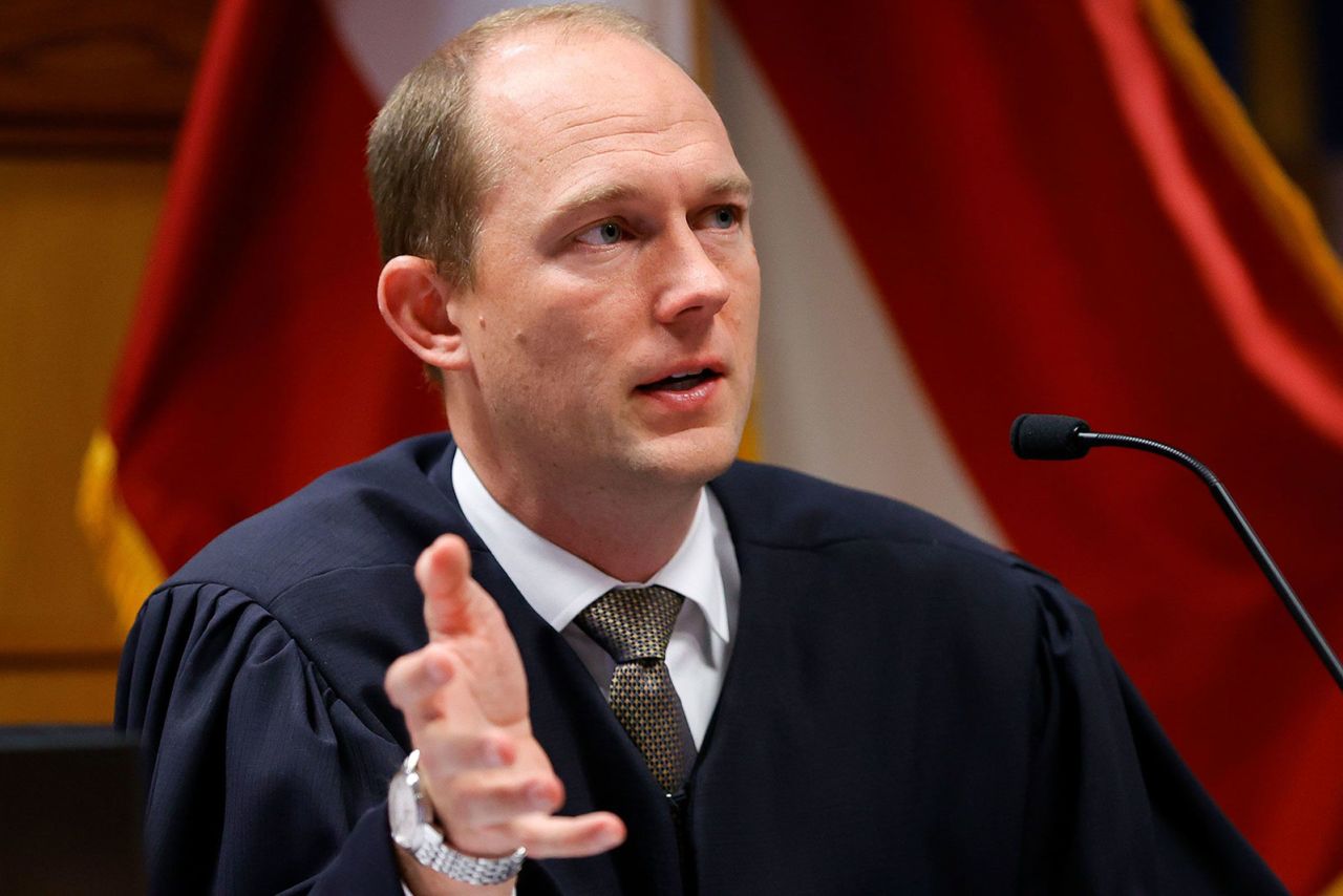 Fulton County Judge Scott McAfee presides in court during a hearing in Atlanta on Friday, March 1.