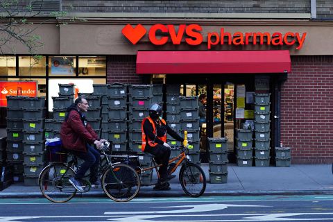 Crates are stacked up outside of CVS Pharmacy during the coronavirus pandemic on May 1, 2020 in New York City. 