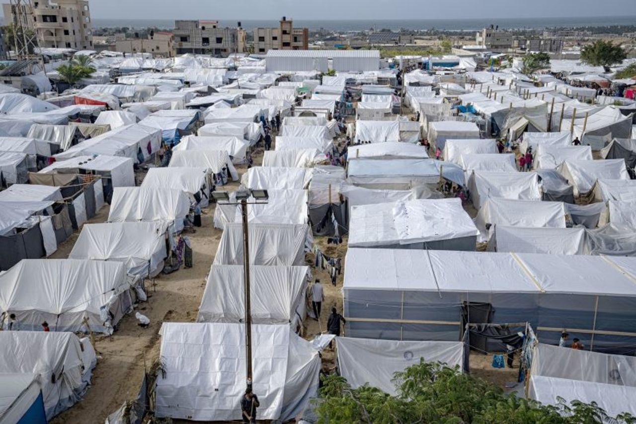 A UN-provided tent camp for Palestinians displaced by Israeli bombardment in Khan Younis, on November 19.