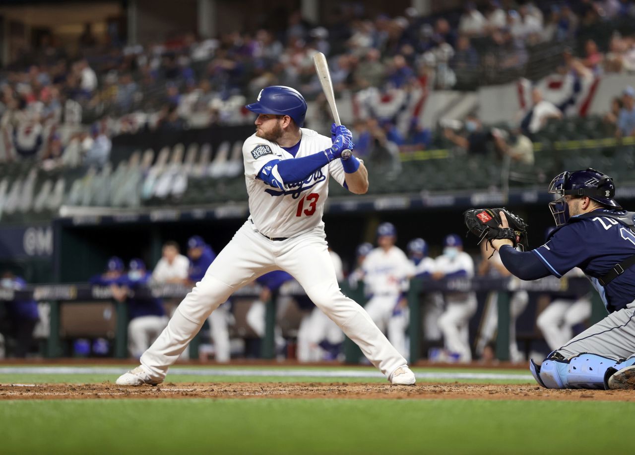 Max Muncy of the Los Angeles Dodgers bats during Game 1 of the 2020 World Series between the Los Angeles Dodgers and the Tampa Bay Rays on October 20 in Arlington, Texas. 