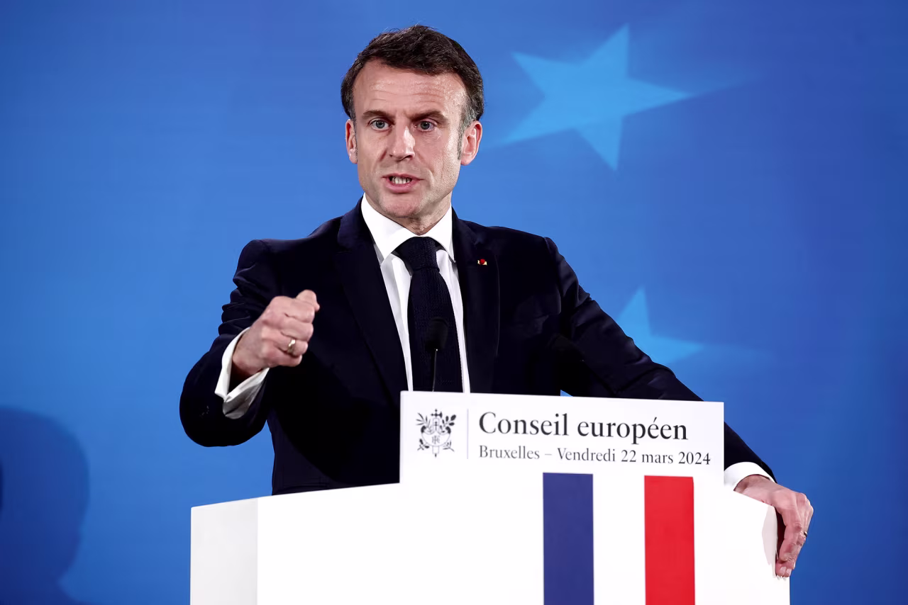 French President Emmanuel Macron attends a press conference on the day of a European Union leaders summit in Brussels, Belgium, on March 22.