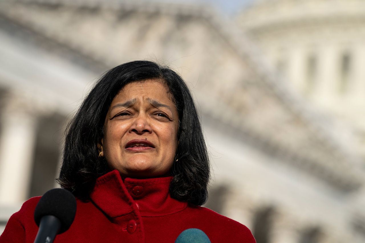 Pramila Jayapal speaks during a press conference at the U.S. Capitol, in Washington, D.C., on January 18. 