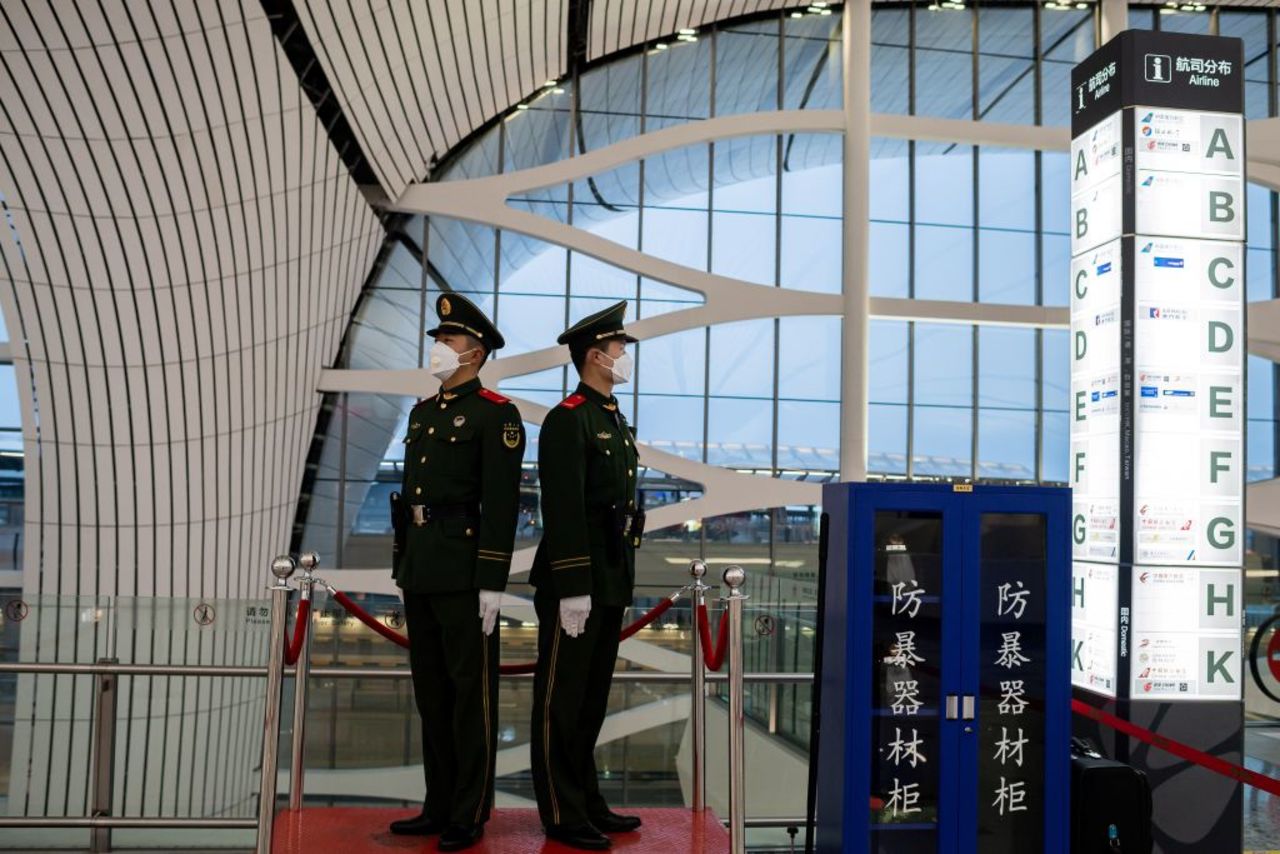 Chinese paramilitary police officers at Daxing international airport in Beijing on February 14.