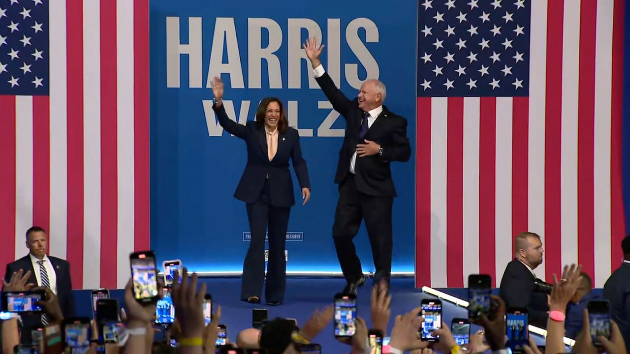 Vice President Kamala Harris and Minnesota Gov. Tim Walz arrive at their campaign rally on Tuesday, August 6, in Philadelphia.