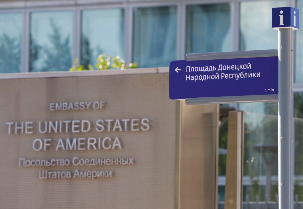 A newly installed direction sign "Donetsk People's Republic Square" is seen in front of the U.S.?embassy?in?Moscow, Russia on June 22, 2022.